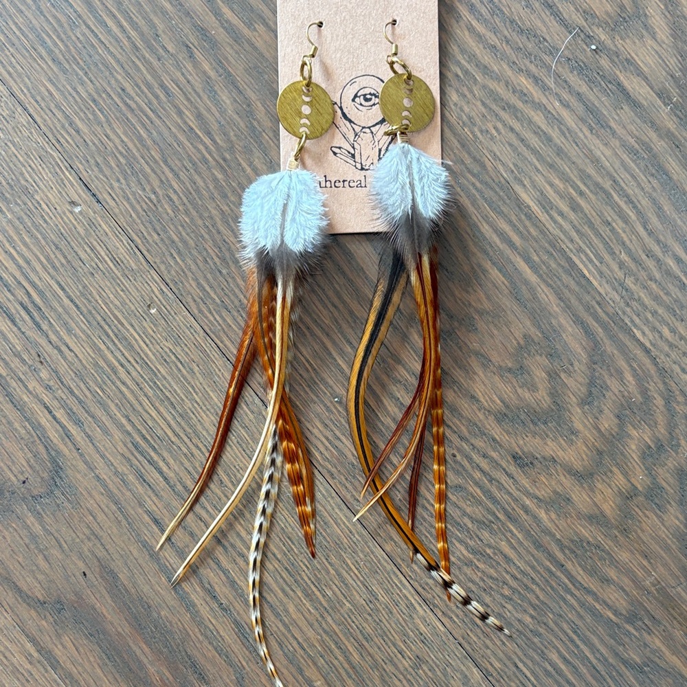 Feather Earrings with Gold and Brown Accents, moon phase pendants